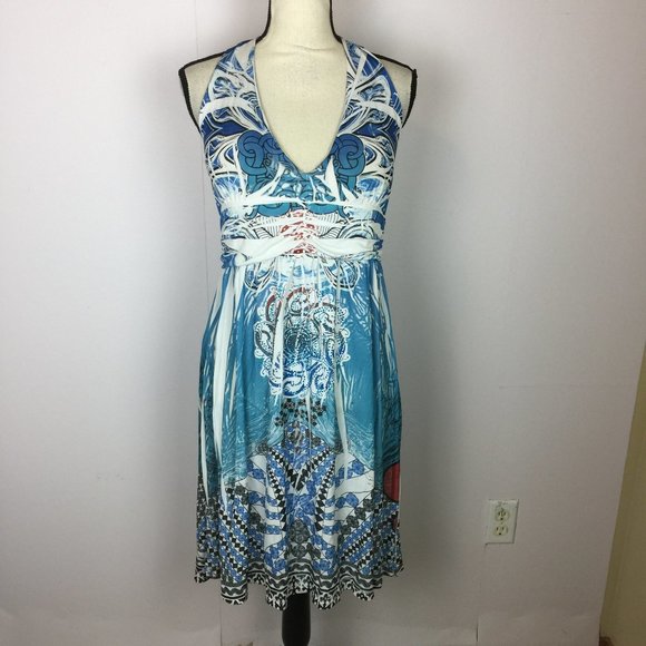 New! Paradise Contour Halter Beach Dress Womens L Blue Knit Floral Buit-in-Bra - Picture 1 of 16